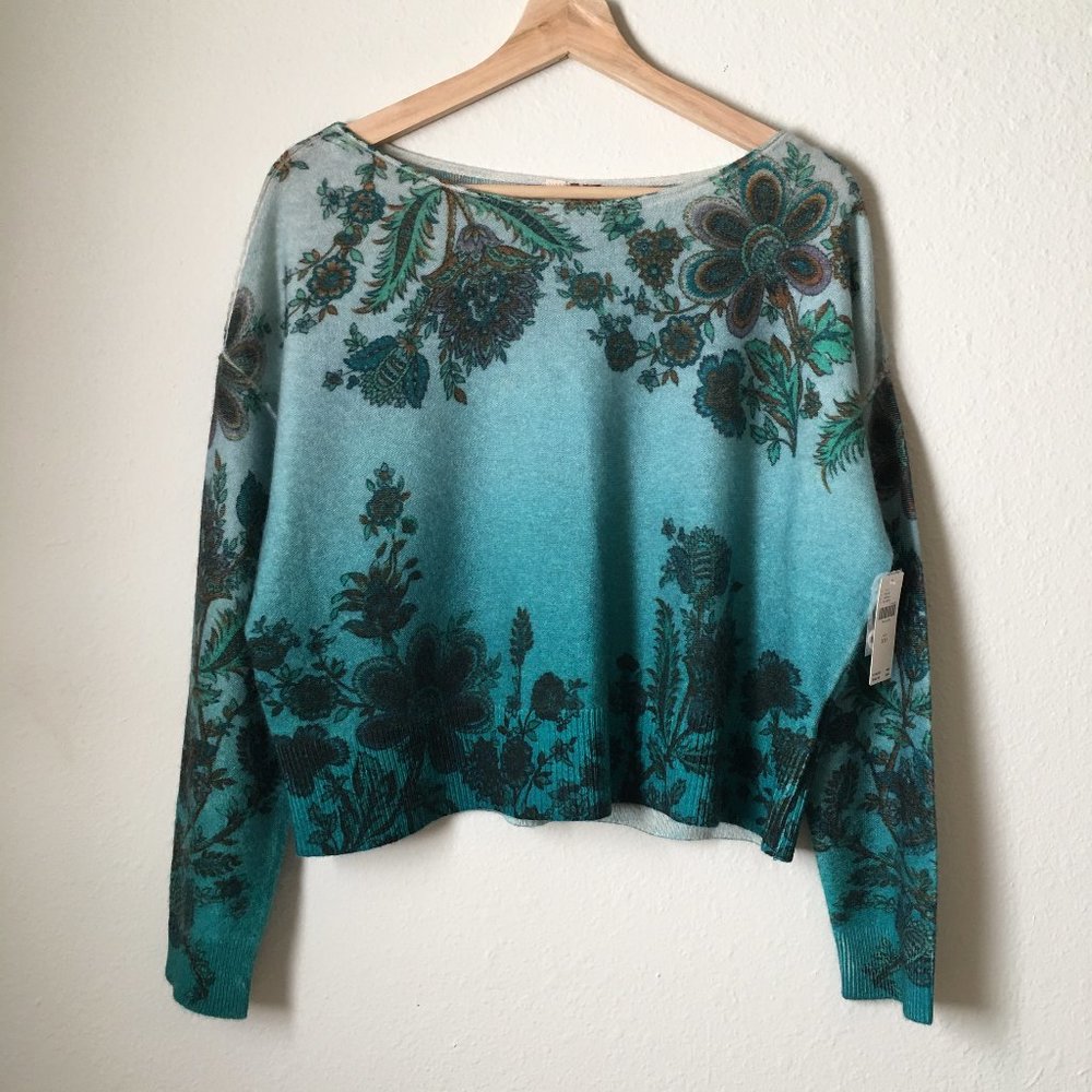 Anthropologie Pilcro Lani Cashmere Boatneck Sweater in Blue Ombre Floral